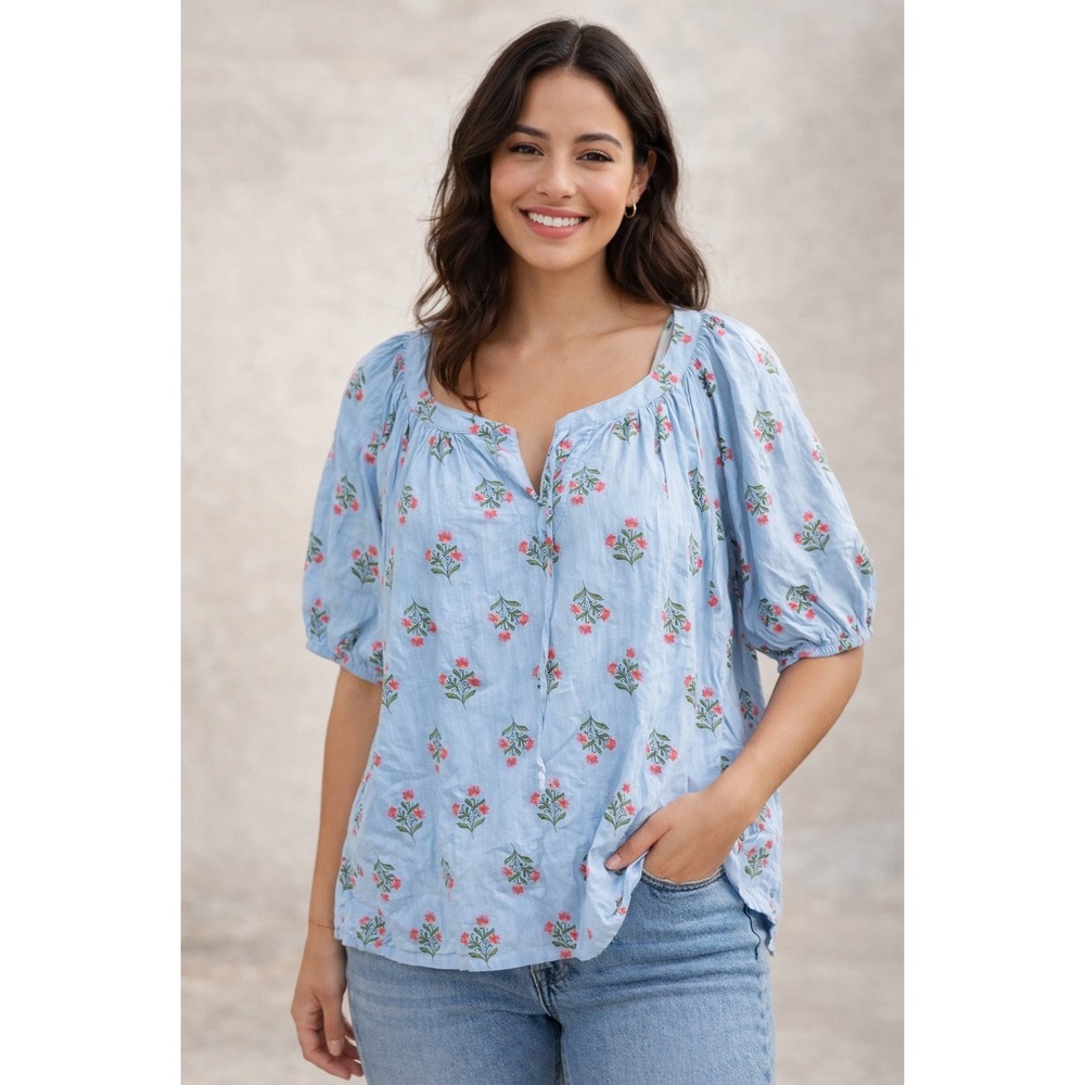 St John's Bay Womens Blouse 2X Blue Floral Puff Sleeve Peasant Cotton Rayon Top